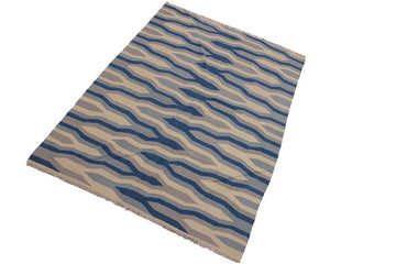 Flat Weave Kilim, Antique, Navaho, Vintage, Handmade, Modern Kilim Ivory Blue Hand-Woven Rectangle 100% Wool Area Rug 5 x 7
